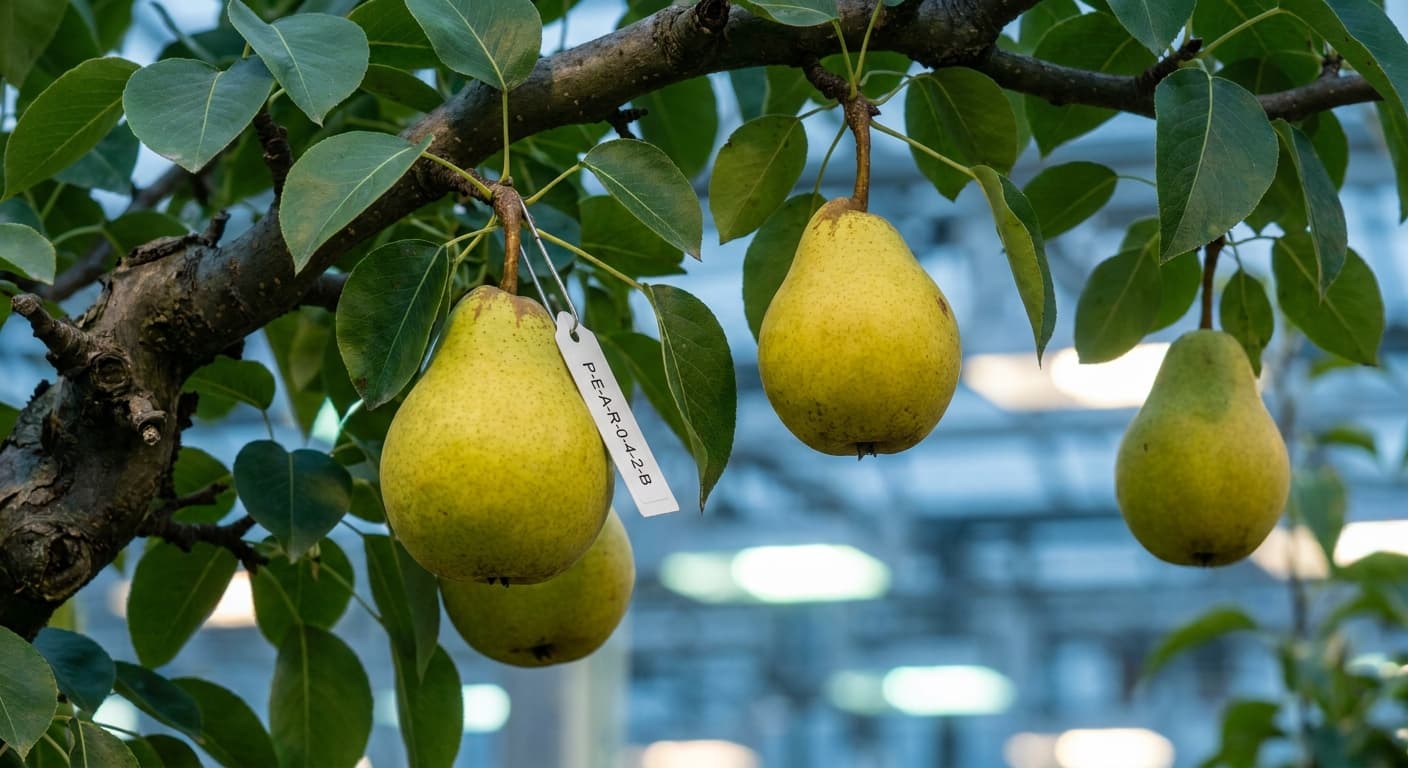 Scoville Splice Pear Inferno (SS-0512) — engineered Pear specimen on-plant with laboratory specimen tag
