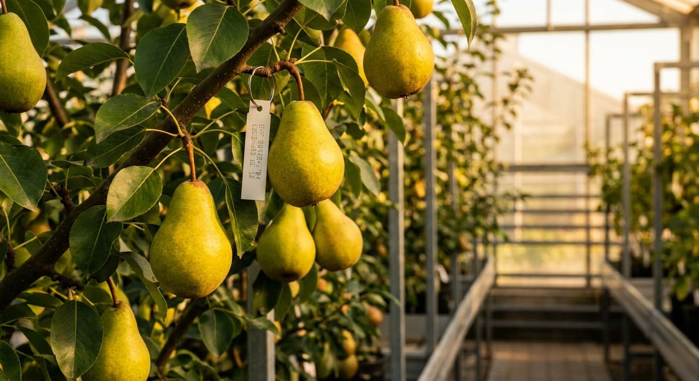 Scoville Splice Williams Fury (SS-0513) — engineered Pear specimen on-plant with laboratory specimen tag