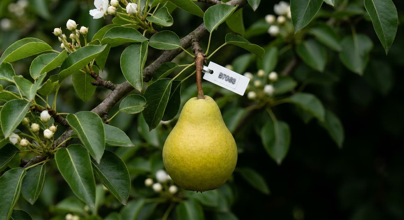 Scoville Splice Seckel Scorch (SS-0514) — engineered Pear specimen on-plant with laboratory specimen tag