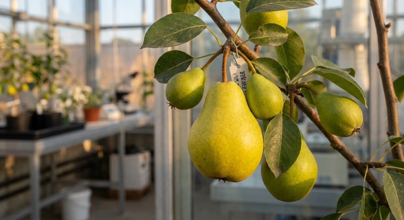 Scoville Splice Concorde Burn (SS-0515) — engineered Pear specimen on-plant with laboratory specimen tag
