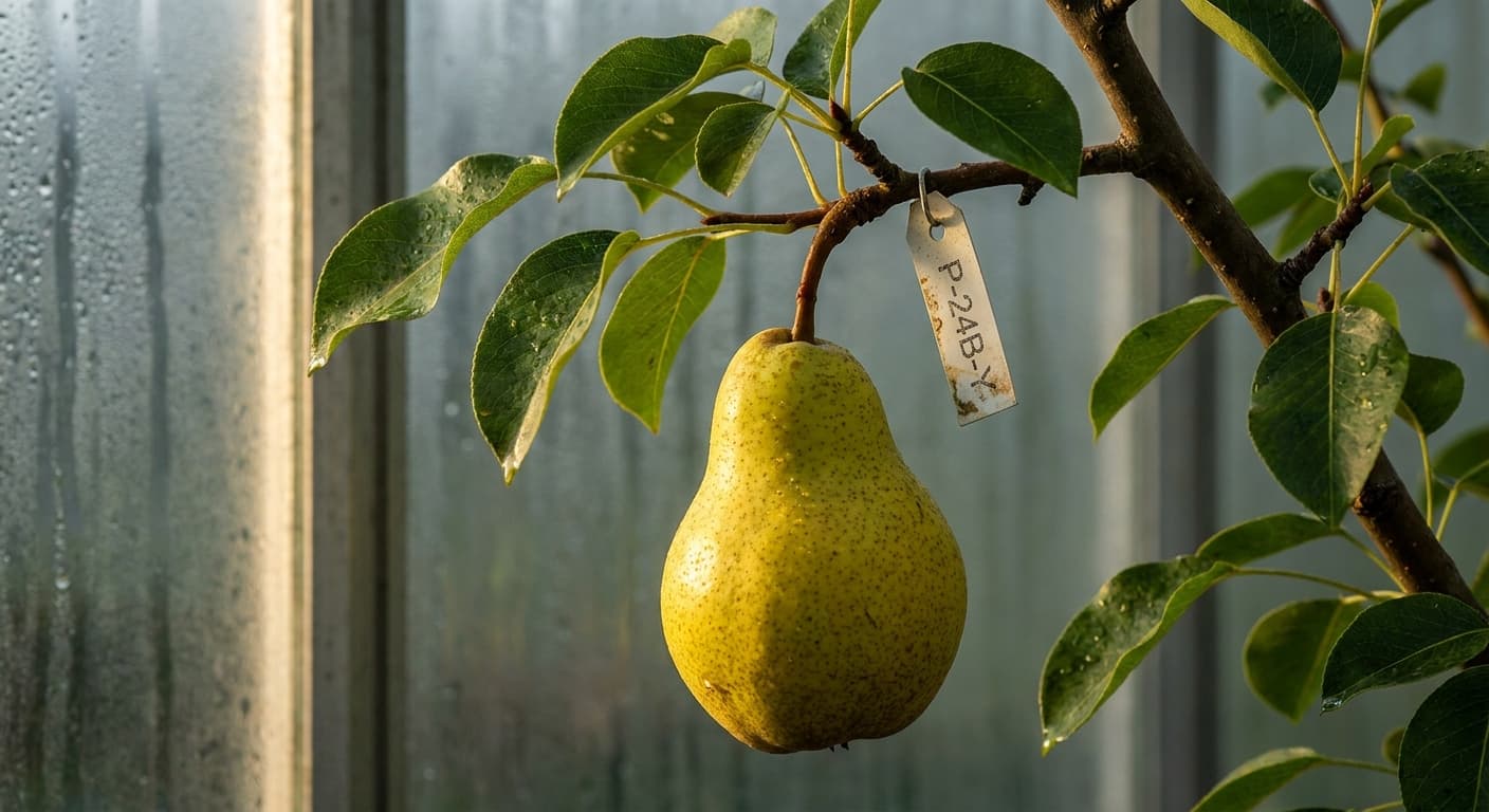 Scoville Splice Starkrimson (SS-0516) — engineered Pear specimen on-plant with laboratory specimen tag