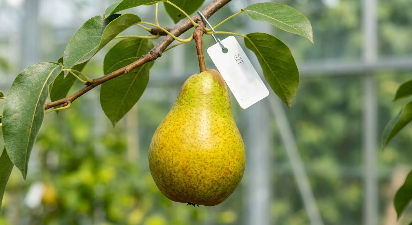 Scoville Splice Belle Lucrative (SS-0517) — engineered Pear specimen on-plant with laboratory specimen tag