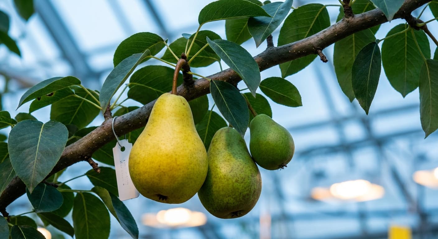 Scoville Splice Doyenne du Comice (SS-0518) — engineered Pear specimen on-plant with laboratory specimen tag