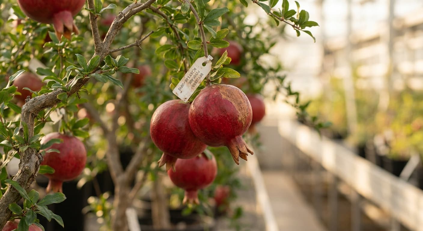 Scoville Splice Seed Spark (SS-0519) — engineered Pomegranate specimen on-plant with laboratory specimen tag