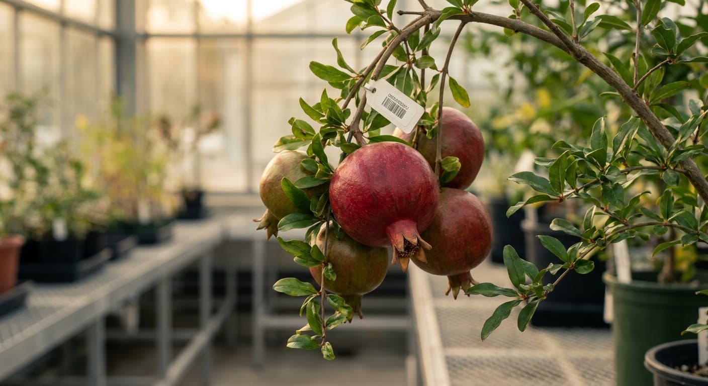 Scoville Splice Aril Glow (SS-0520) — engineered Pomegranate specimen on-plant with laboratory specimen tag