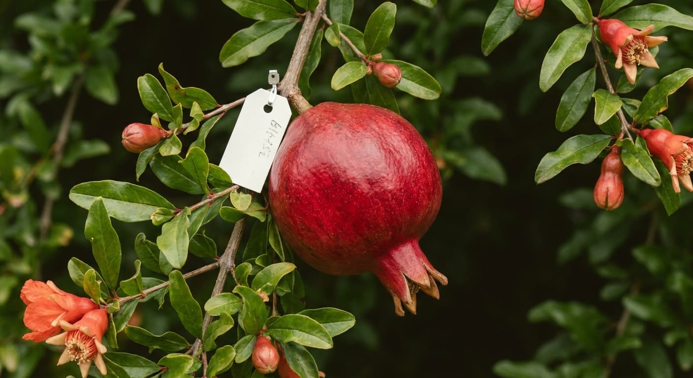 Scoville Splice Ruby Lite (SS-0521) — engineered Pomegranate specimen on-plant with laboratory specimen tag