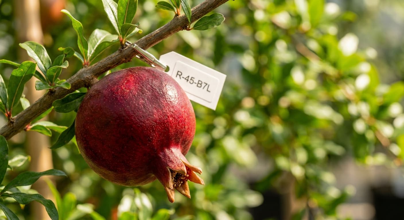 Scoville Splice Garnet (SS-0522) — engineered Pomegranate specimen on-plant with laboratory specimen tag