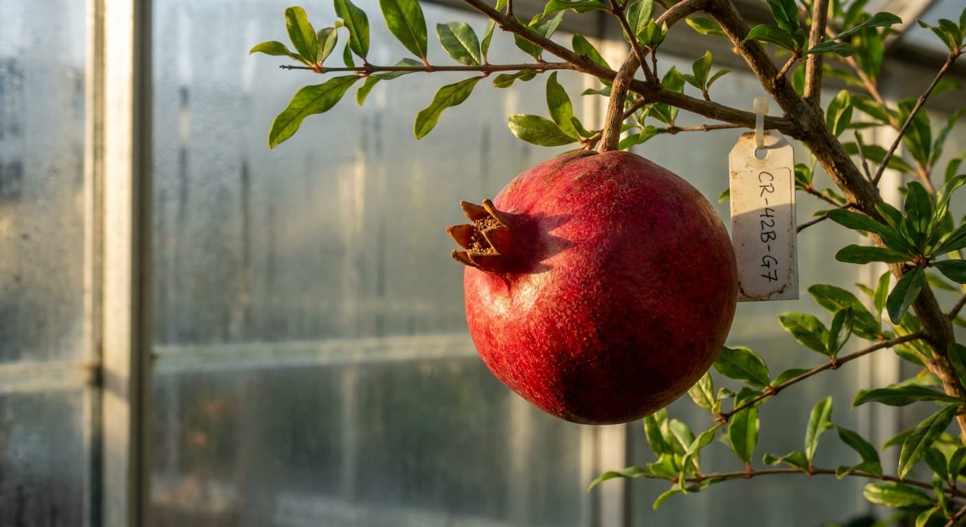 Scoville Splice Jewel Box (SS-0523) — engineered Pomegranate specimen on-plant with laboratory specimen tag