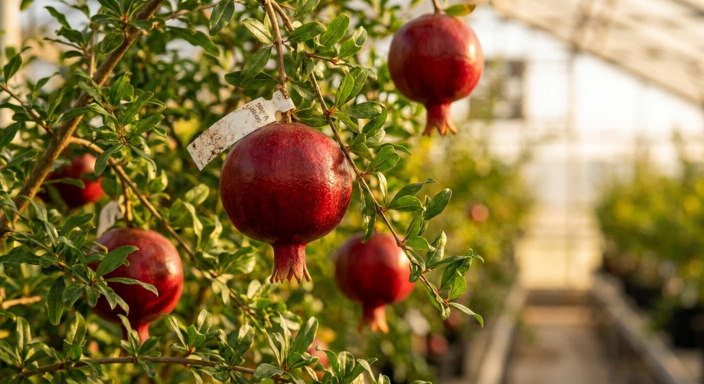 Scoville Splice Crimson Crown (SS-0524) — engineered Pomegranate specimen on-plant with laboratory specimen tag