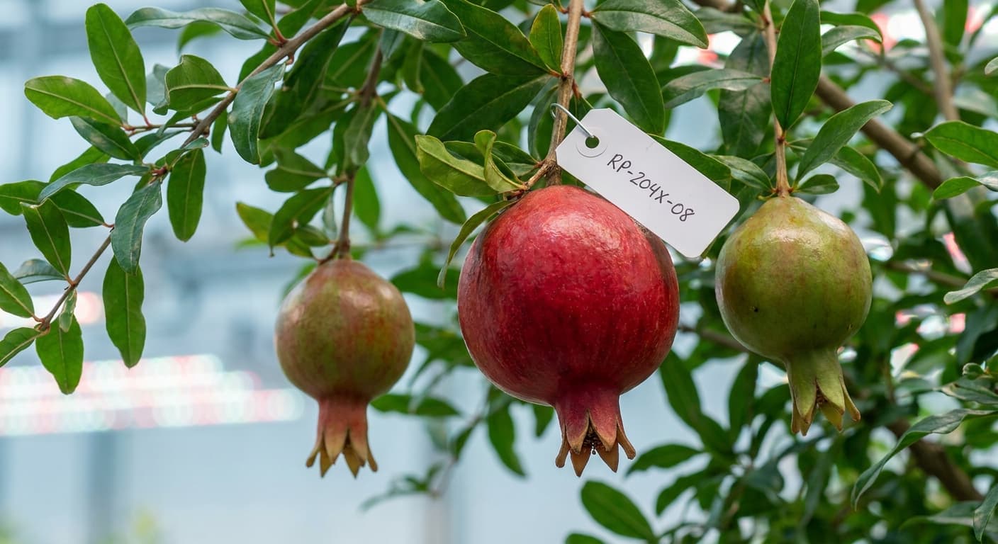 Scoville Splice Grenadine (SS-0525) — engineered Pomegranate specimen on-plant with laboratory specimen tag