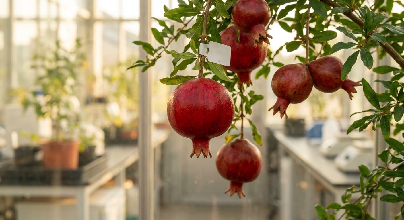 Scoville Splice Pomegranate Blaze (SS-0526) — engineered Pomegranate specimen on-plant with laboratory specimen tag