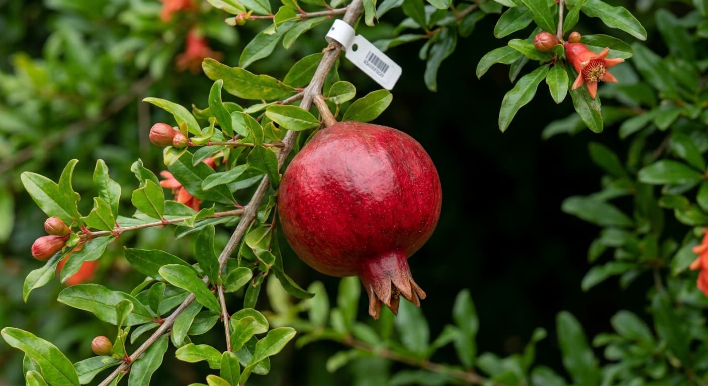 Scoville Splice Ruby Fury (SS-0527) — engineered Pomegranate specimen on-plant with laboratory specimen tag