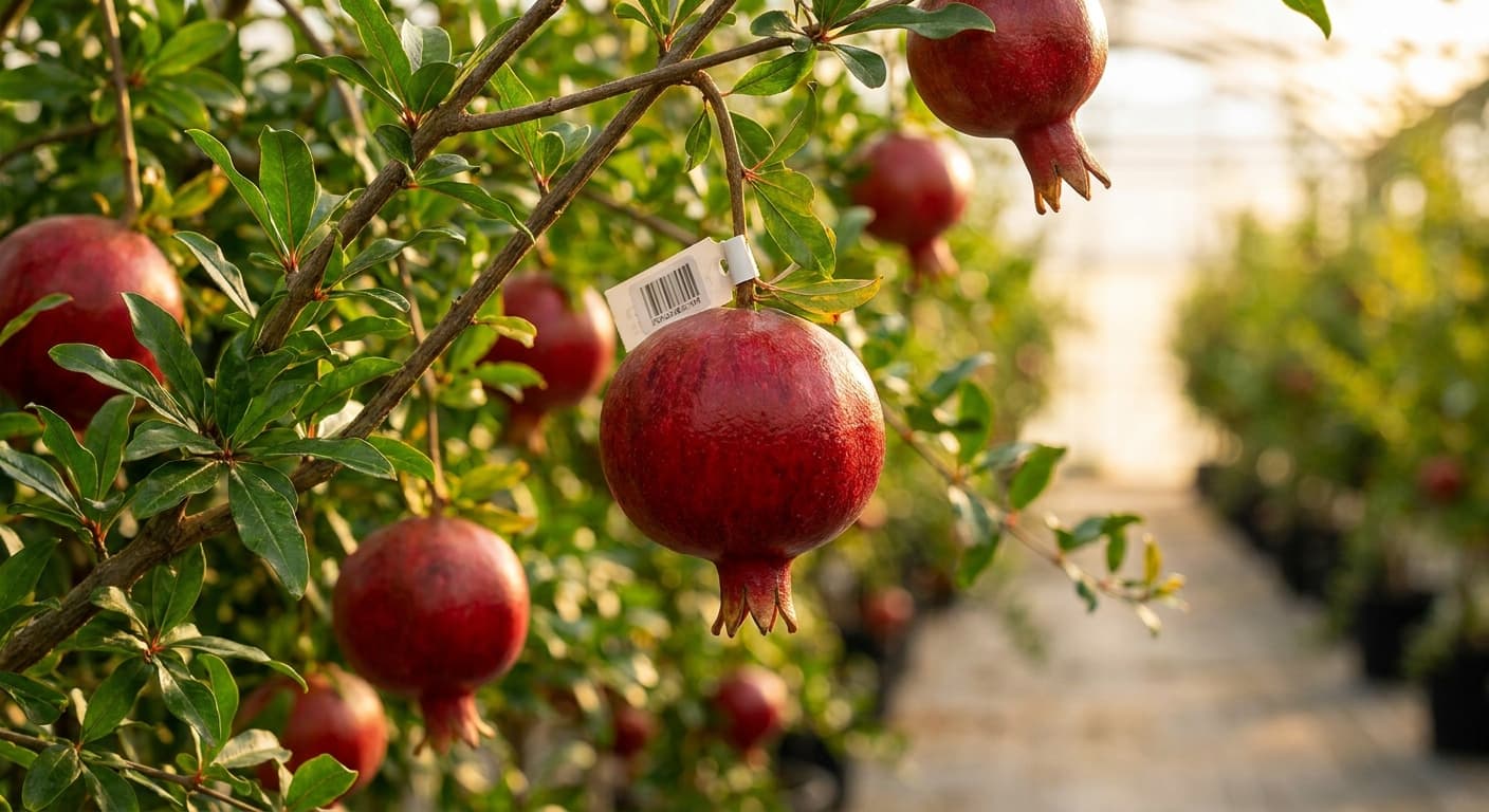 Scoville Splice Jewel Inferno (SS-0528) — engineered Pomegranate specimen on-plant with laboratory specimen tag
