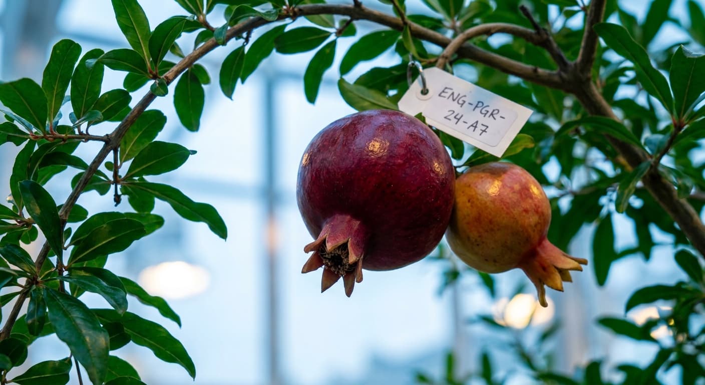 Scoville Splice Crown Jewel (SS-0529) — engineered Pomegranate specimen on-plant with laboratory specimen tag