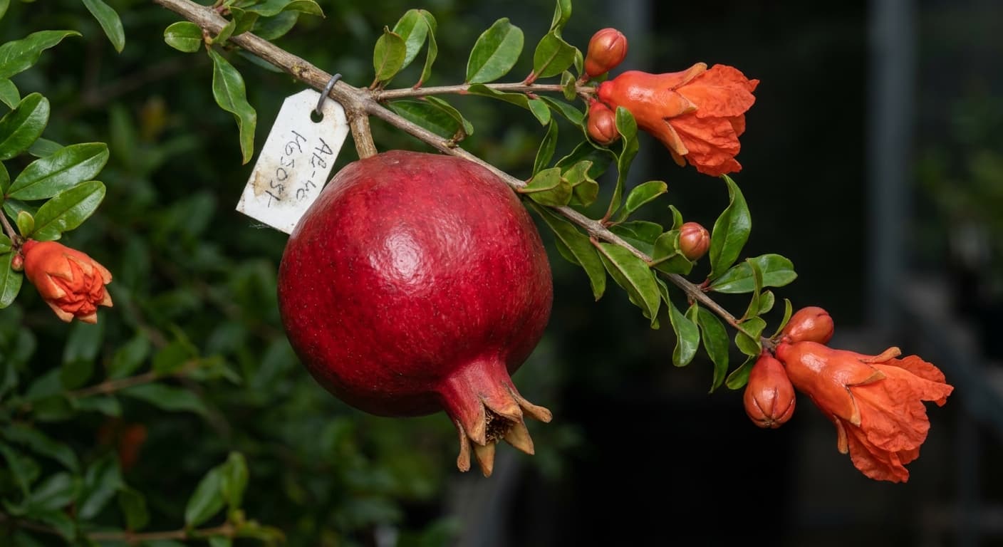 Scoville Splice Blood Ruby (SS-0530) — engineered Pomegranate specimen on-plant with laboratory specimen tag