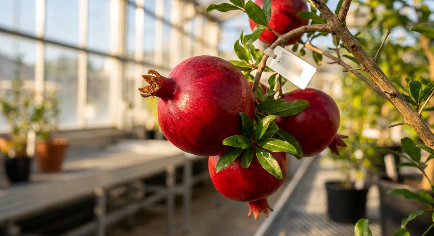 Scoville Splice Persephone (SS-0531) — engineered Pomegranate specimen on-plant with laboratory specimen tag