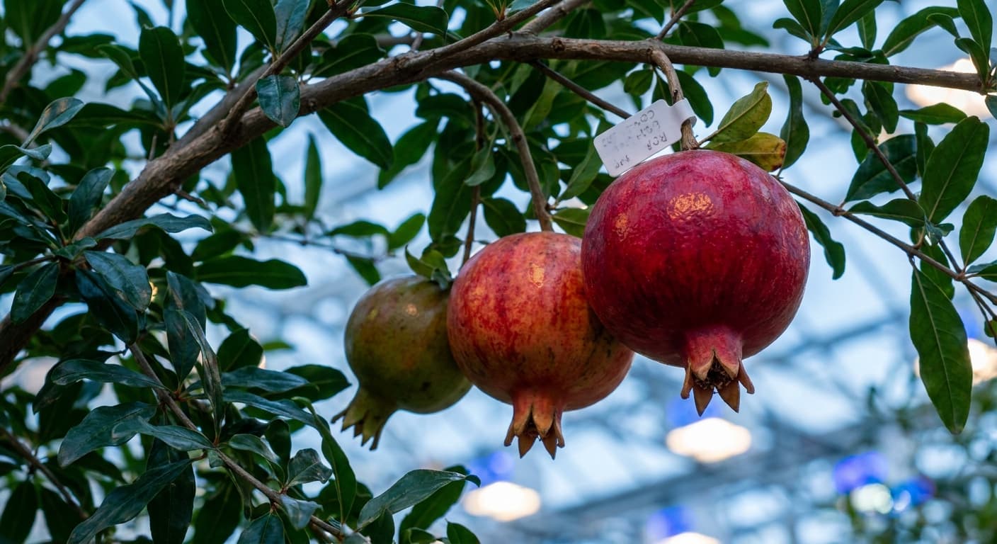 Scoville Splice Punica Fire (SS-0532) — engineered Pomegranate specimen on-plant with laboratory specimen tag