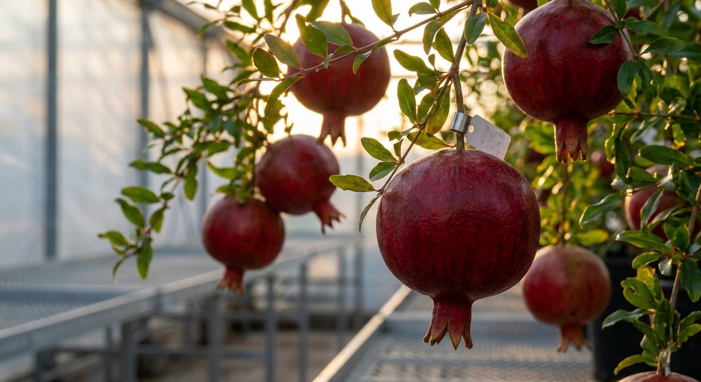 Scoville Splice Antioxidant Blaze (SS-0533) — engineered Pomegranate specimen on-plant with laboratory specimen tag