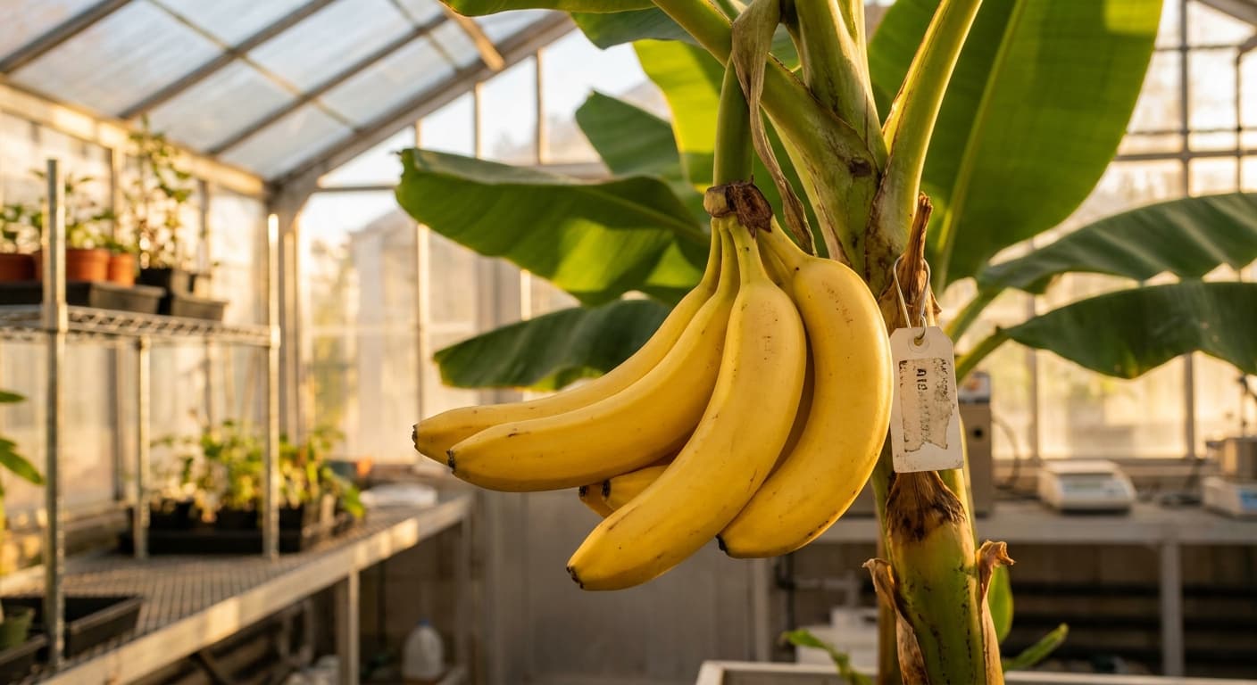 Scoville Splice Split Decision (SS-0537) — engineered Banana specimen on-plant with laboratory specimen tag