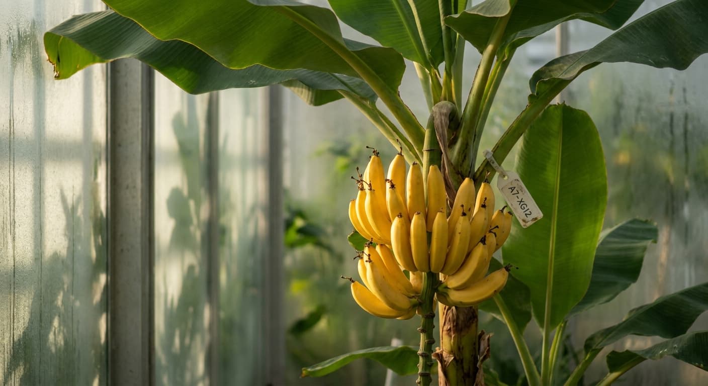 Scoville Splice Banana Split (SS-0538) — engineered Banana specimen on-plant with laboratory specimen tag