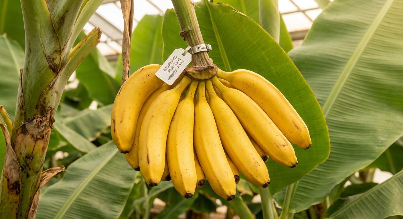 Scoville Splice Foster (SS-0539) — engineered Banana specimen on-plant with laboratory specimen tag