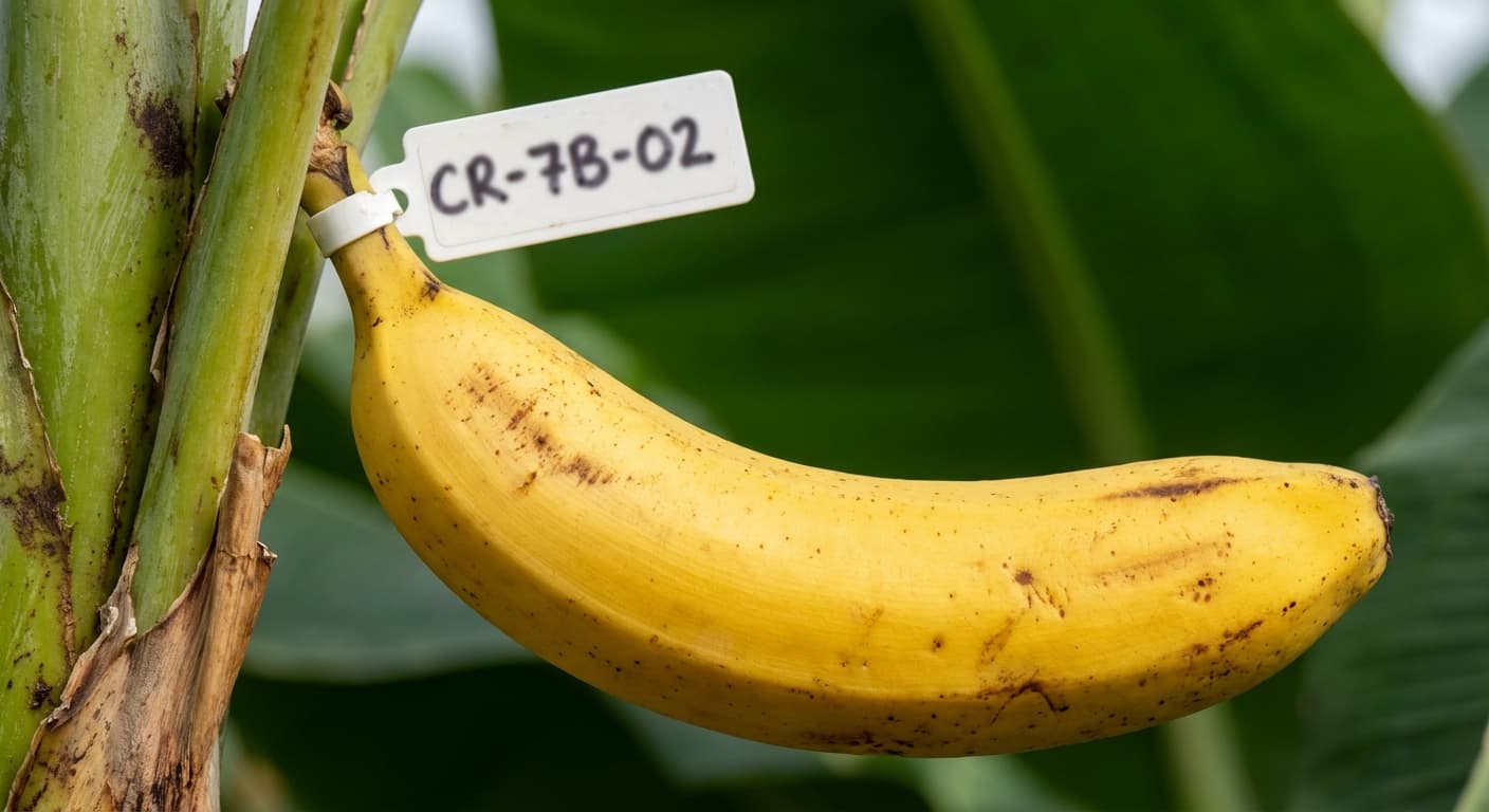 Scoville Splice Flambe (SS-0540) — engineered Banana specimen on-plant with laboratory specimen tag