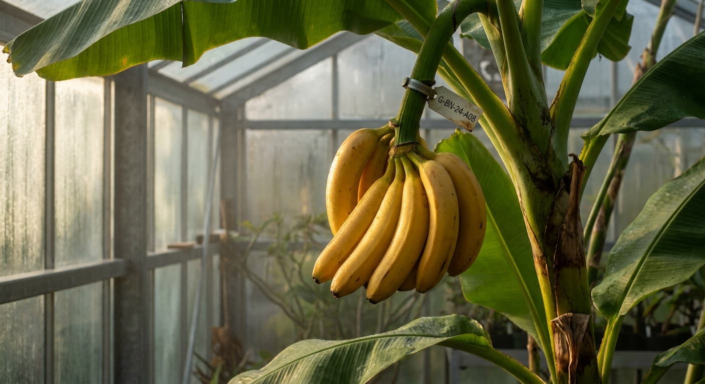 Scoville Splice Republic (SS-0541) — engineered Banana specimen on-plant with laboratory specimen tag