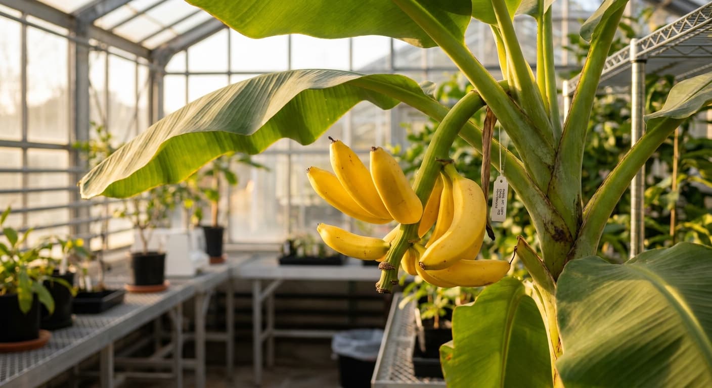 Scoville Splice Banana Republic (SS-0542) — engineered Banana specimen on-plant with laboratory specimen tag