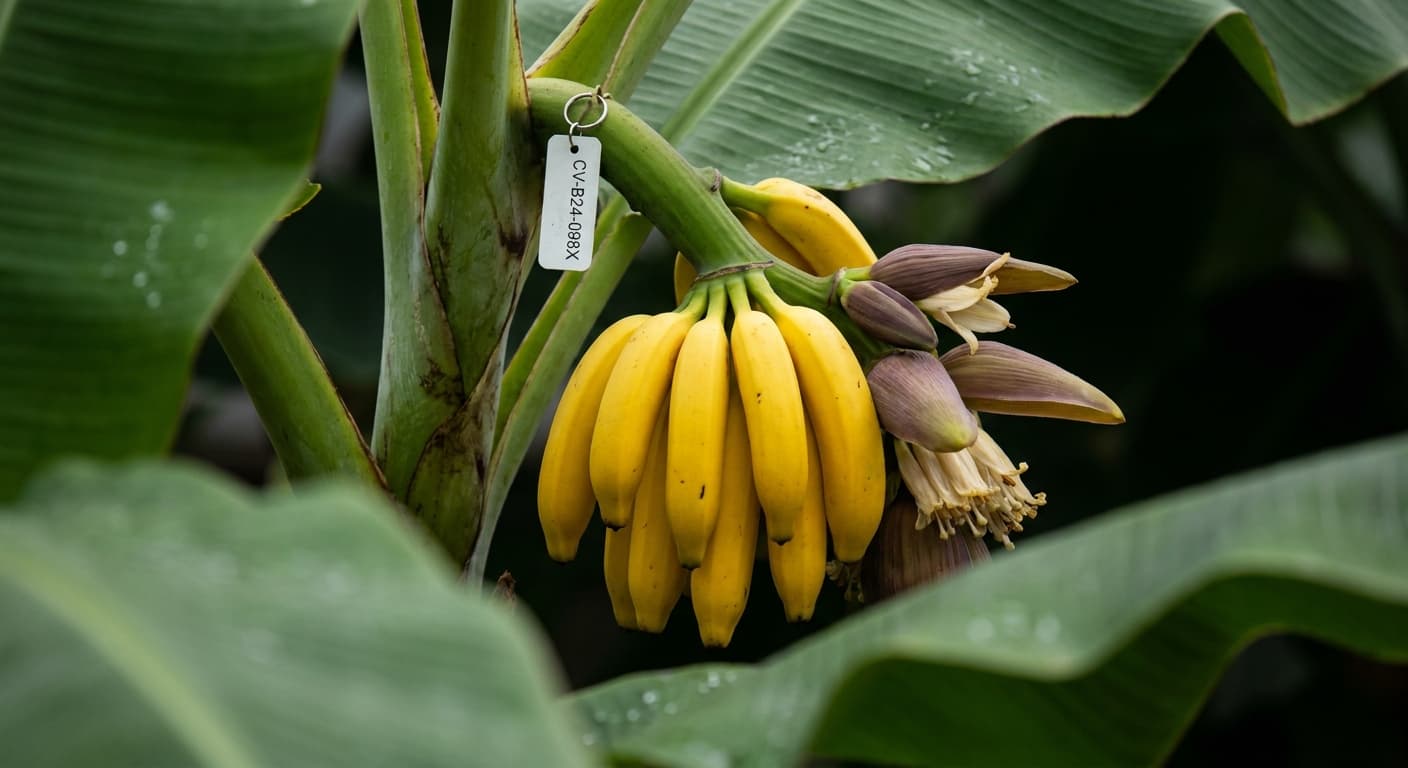 Scoville Splice Coup (SS-0543) — engineered Banana specimen on-plant with laboratory specimen tag