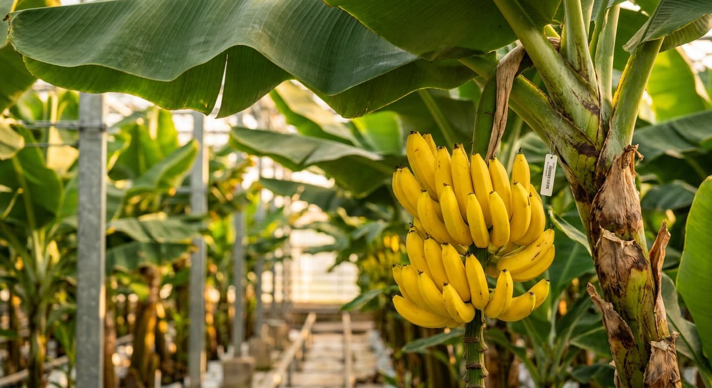 Scoville Splice Cavendish (SS-0544) — engineered Banana specimen on-plant with laboratory specimen tag