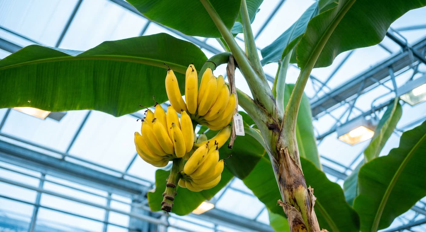 Scoville Splice Lady Finger (SS-0545) — engineered Banana specimen on-plant with laboratory specimen tag
