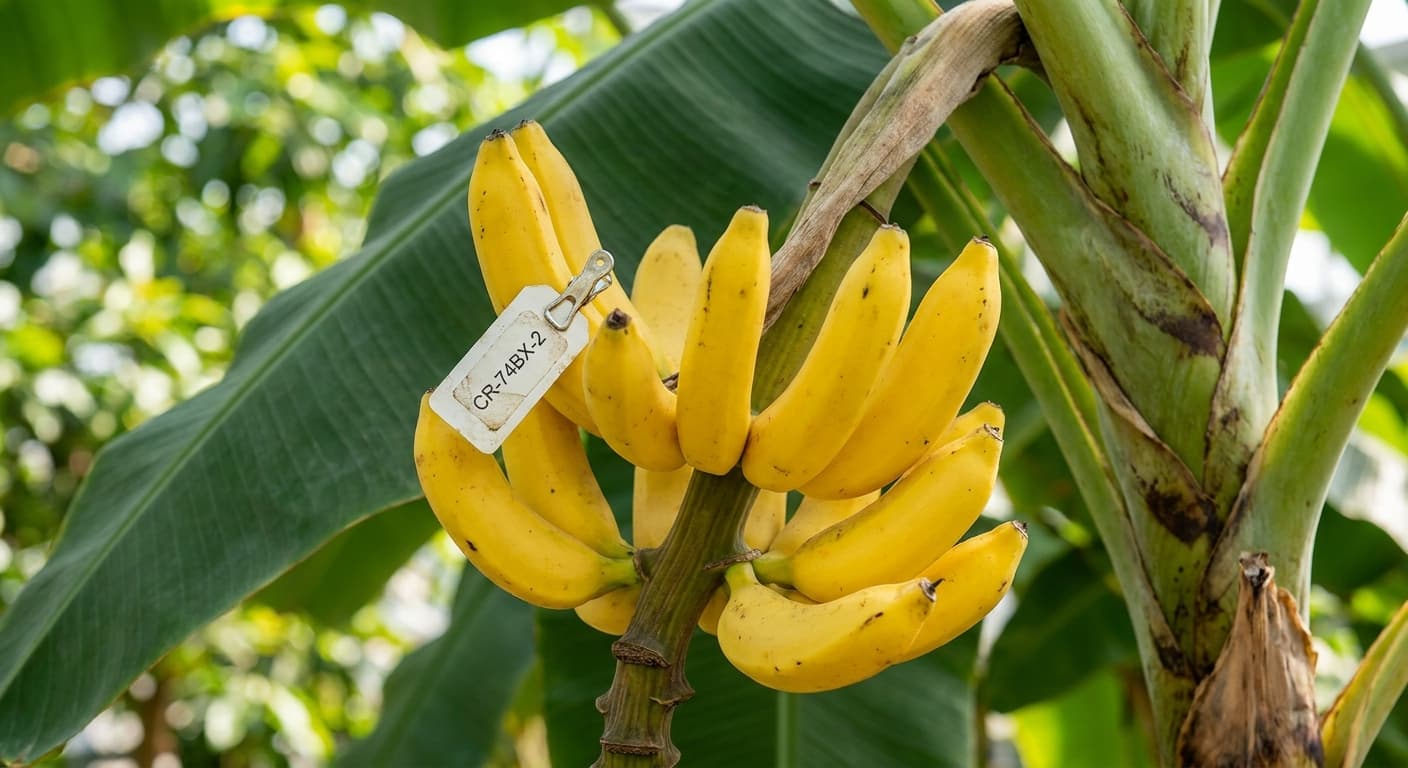 Scoville Splice Red Banana (SS-0546) — engineered Banana specimen on-plant with laboratory specimen tag