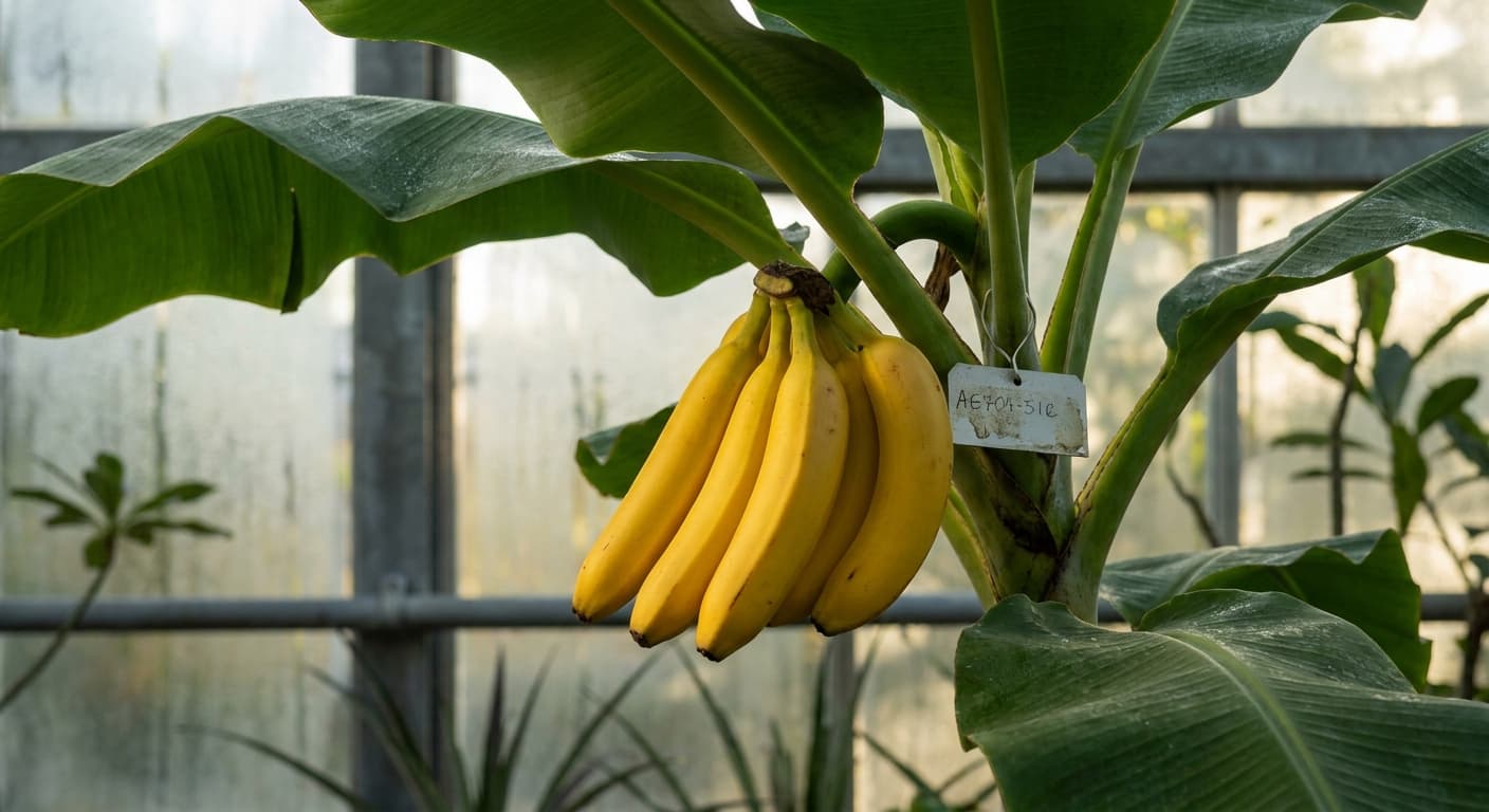 Scoville Splice Pisang Fire (SS-0547) — engineered Banana specimen on-plant with laboratory specimen tag