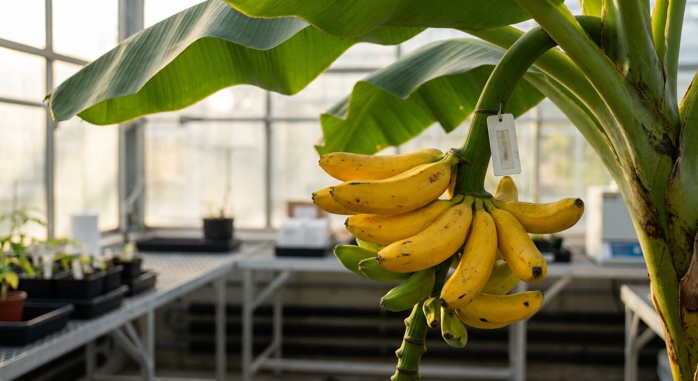 Scoville Splice Banana Bread Burn (SS-0548) — engineered Banana specimen on-plant with laboratory specimen tag