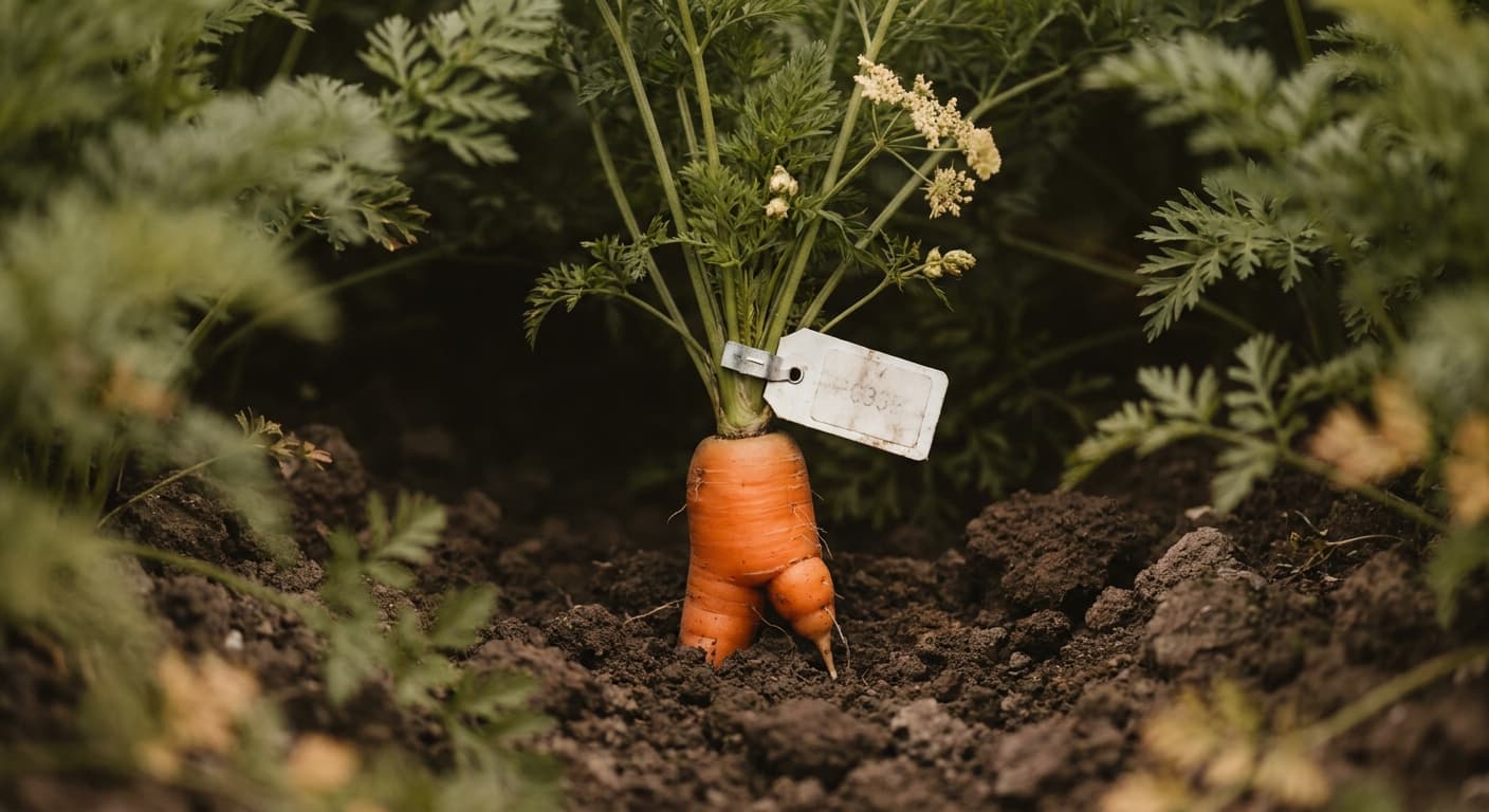 Scoville Splice Root Tingle (SS-0549) — engineered Carrot specimen on-plant with laboratory specimen tag