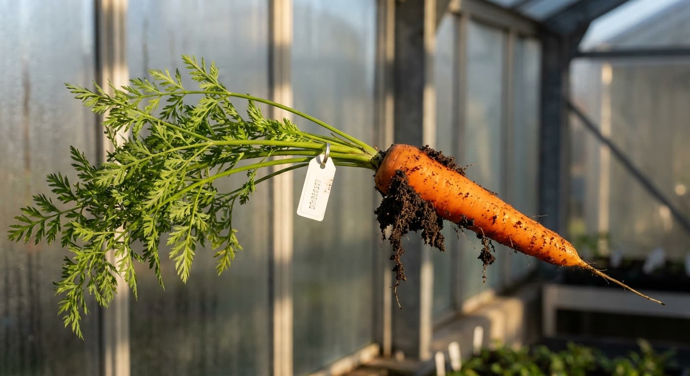 Scoville Splice Tap Warm (SS-0550) — engineered Carrot specimen on-plant with laboratory specimen tag