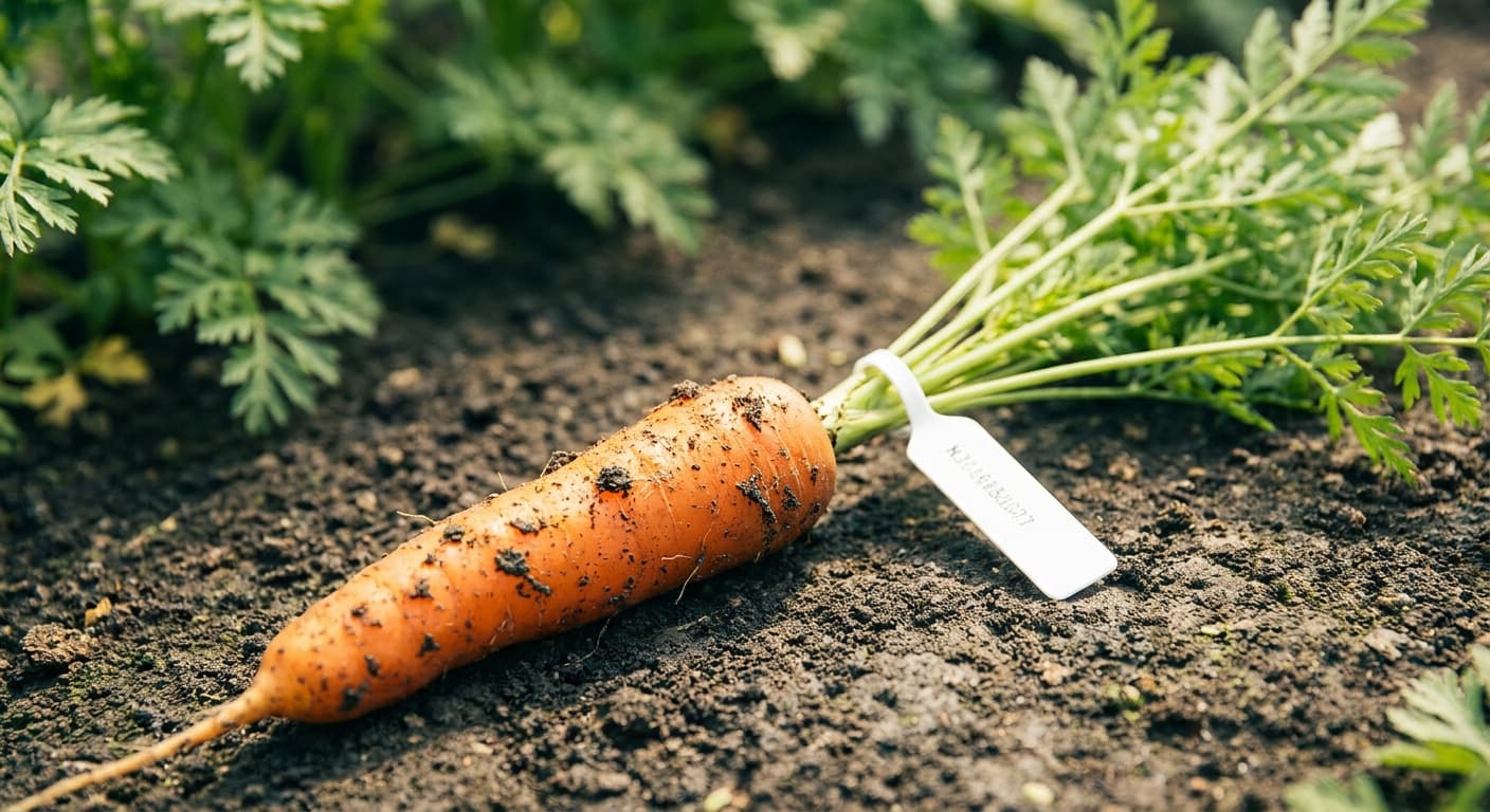 Scoville Splice Core Sample (SS-0551) — engineered Carrot specimen on-plant with laboratory specimen tag