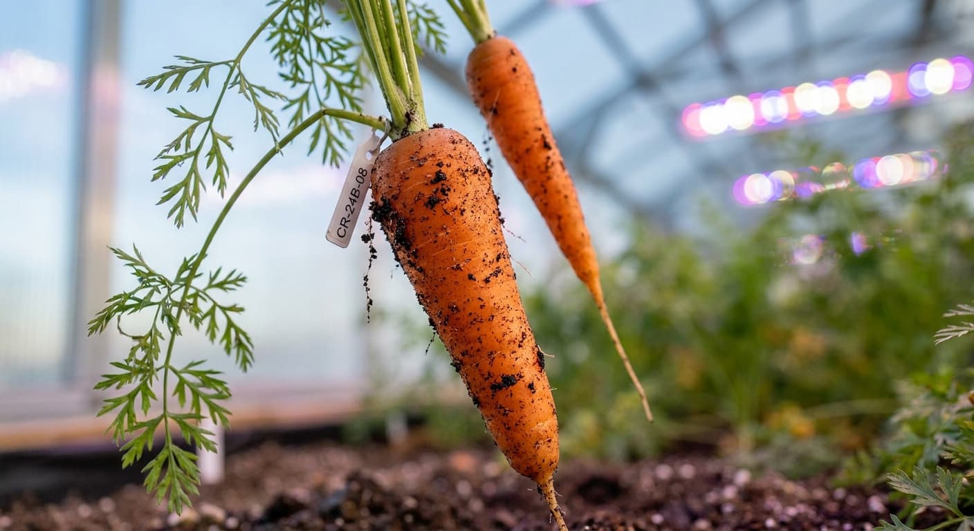 Scoville Splice Underground (SS-0552) — engineered Carrot specimen on-plant with laboratory specimen tag