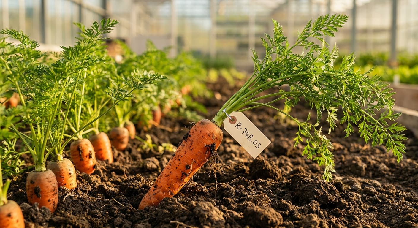 Scoville Splice Magma Chamber (SS-0553) — engineered Carrot specimen on-plant with laboratory specimen tag
