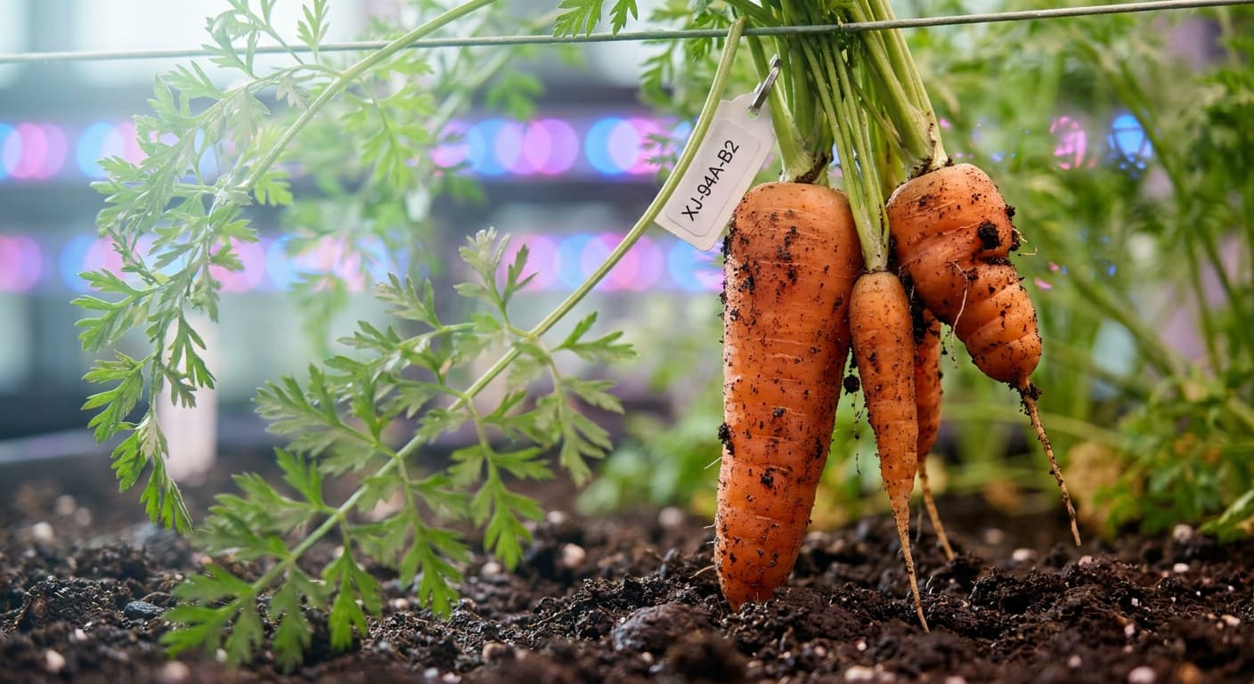 Scoville Splice Mantle (SS-0554) — engineered Carrot specimen on-plant with laboratory specimen tag