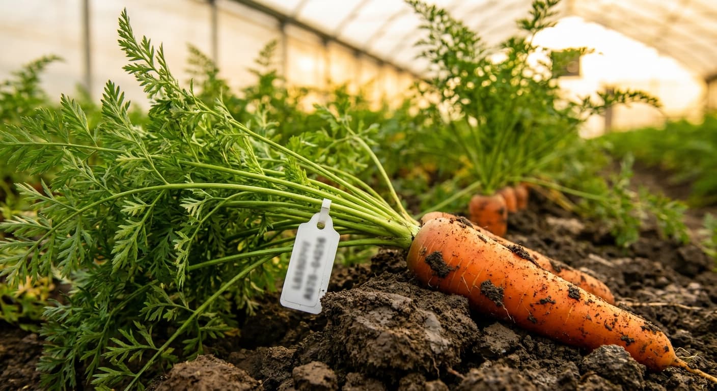 Scoville Splice Outer Core (SS-0555) — engineered Carrot specimen on-plant with laboratory specimen tag