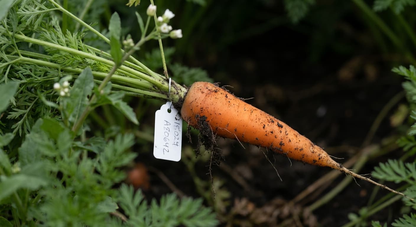Scoville Splice Inner Core (SS-0556) — engineered Carrot specimen on-plant with laboratory specimen tag