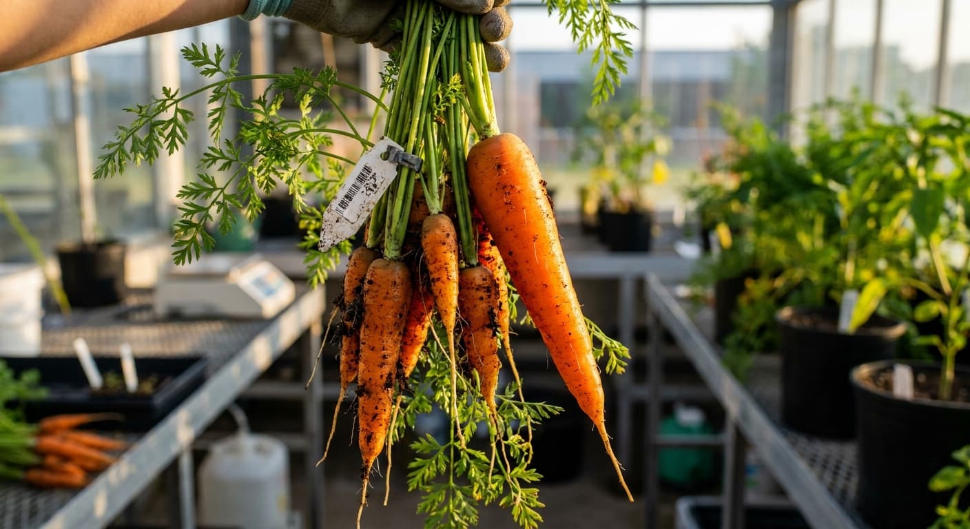 Scoville Splice Earths Center (SS-0557) — engineered Carrot specimen on-plant with laboratory specimen tag