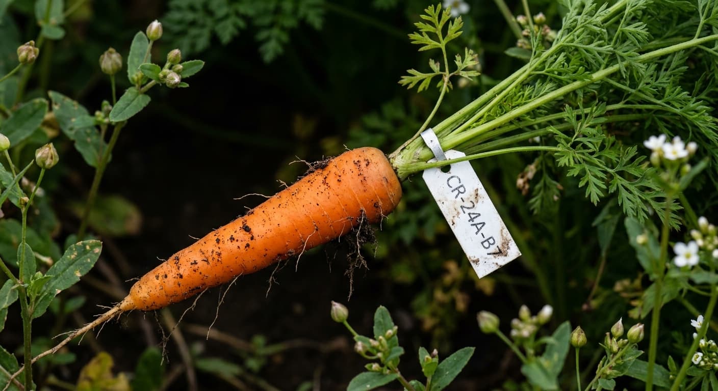Scoville Splice Planetary Core (SS-0558) — engineered Carrot specimen on-plant with laboratory specimen tag