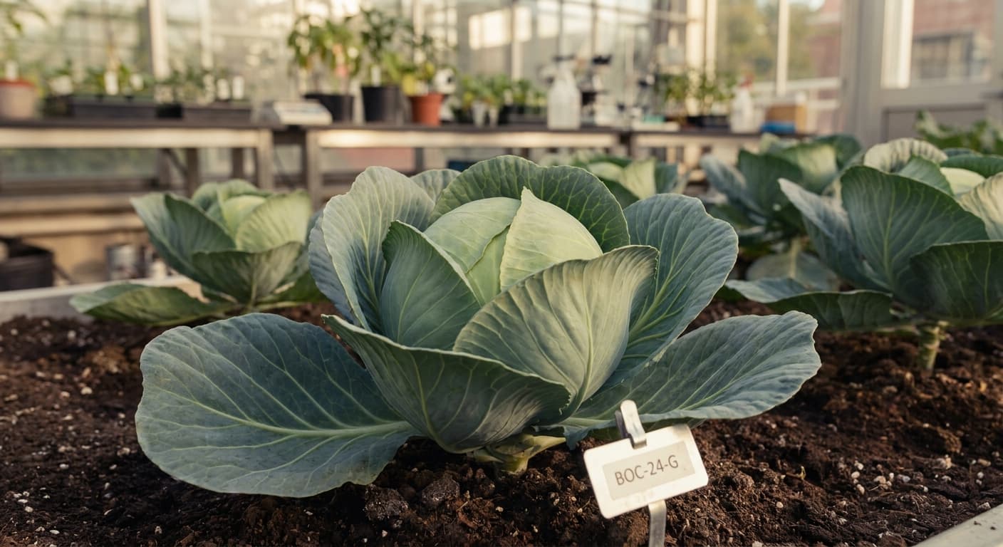 Scoville Splice Leaf Warm (SS-0559) — engineered Cabbage specimen on-plant with laboratory specimen tag