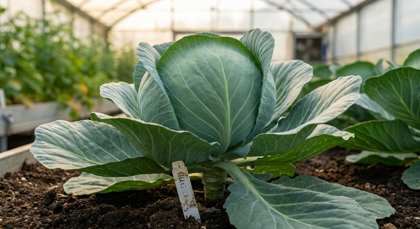 Scoville Splice Crucible Lite (SS-0560) — engineered Cabbage specimen on-plant with laboratory specimen tag