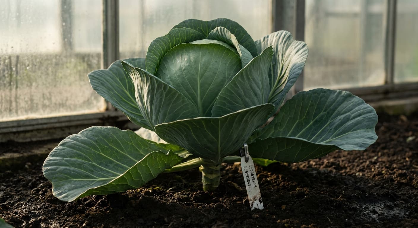 Scoville Splice Head Start (SS-0561) — engineered Cabbage specimen on-plant with laboratory specimen tag