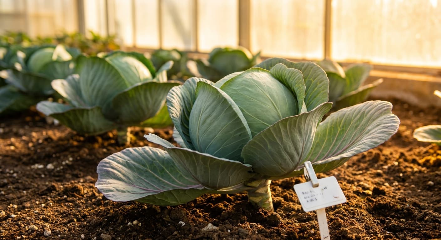 Scoville Splice Cole Slaw Burn (SS-0562) — engineered Cabbage specimen on-plant with laboratory specimen tag