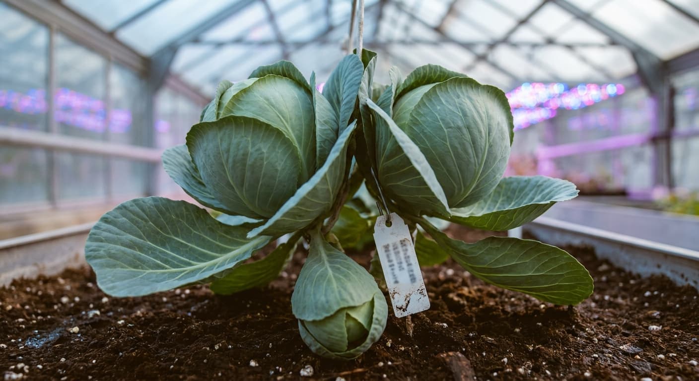 Scoville Splice Cabbage Patch Fire (SS-0563) — engineered Cabbage specimen on-plant with laboratory specimen tag