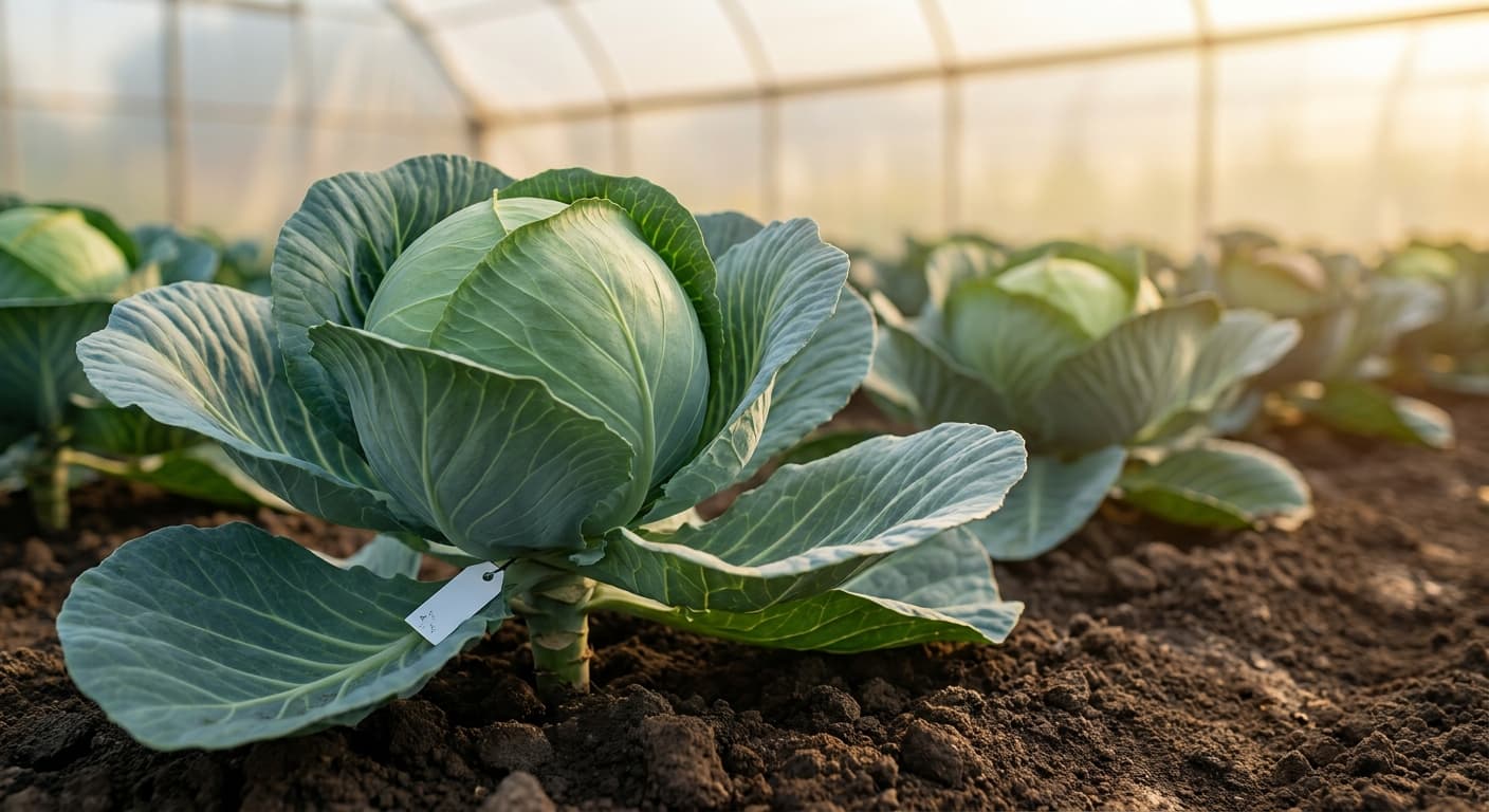Scoville Splice Brassica Blaze (SS-0564) — engineered Cabbage specimen on-plant with laboratory specimen tag